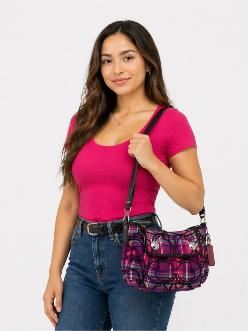 Coach Poppy Pink/Purple/Black Tartan Groovy Shoulder/Crossbody Bag EUC